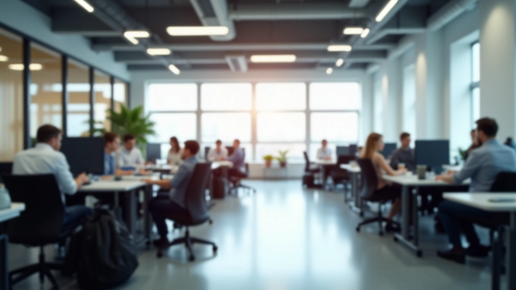 Modernes Bürogebäude mit Mitarbeitern in verschiedenen Abteilungen, collaborative Workspace Konzept