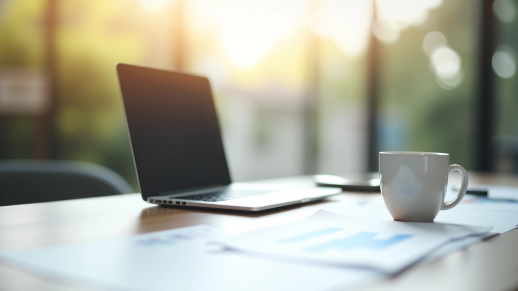 Modernes Büro mit Arbeitsplatz, Laptop und Finanzberichten, natürliches Licht