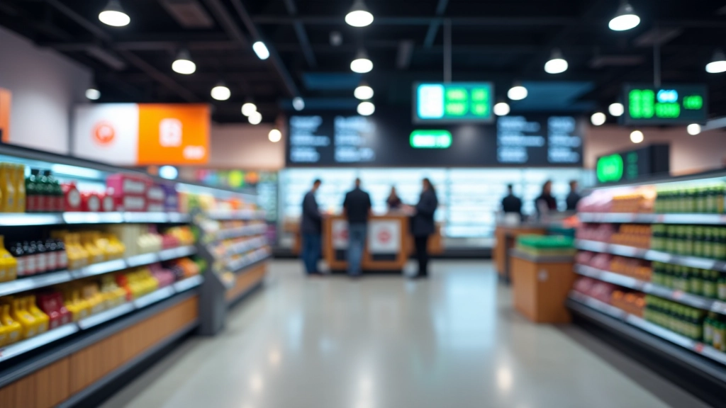 Supermarkt-Kassenzone mit Produkten und digitaler Preisanzeige