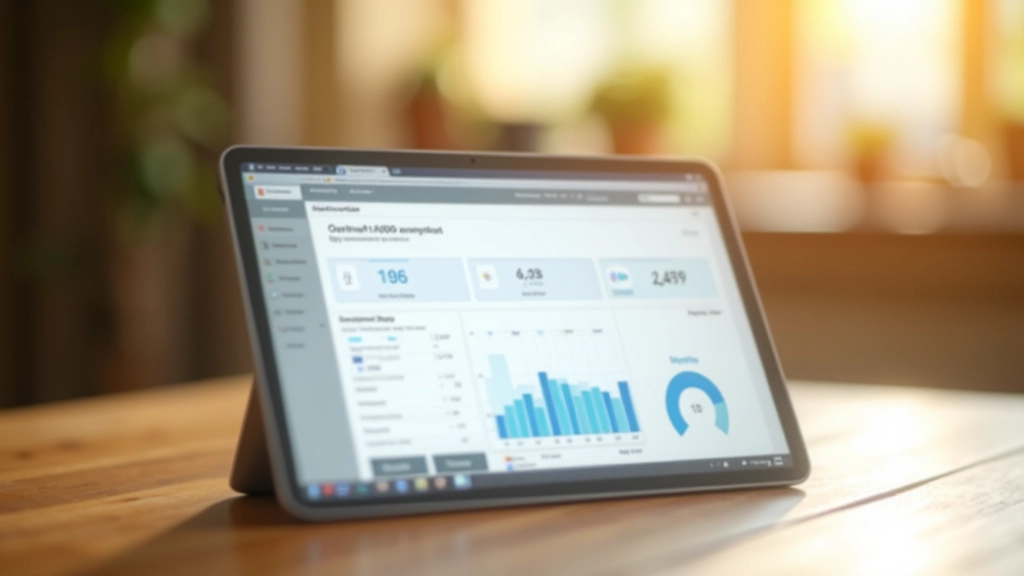 Energieverbrauch-Dashboard auf einem Tablet in modernem Wohnzimmer mit Heizungsanlage im Hintergrund