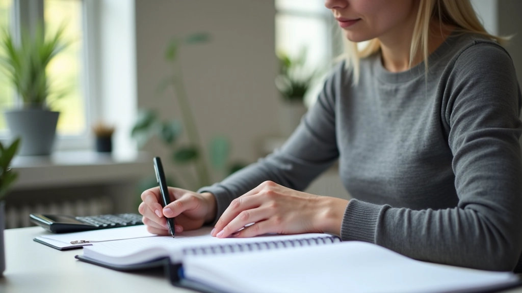 Person erstellt handschriftliches Haushaltsbudget mit Taschenrechner und Notizbuch
