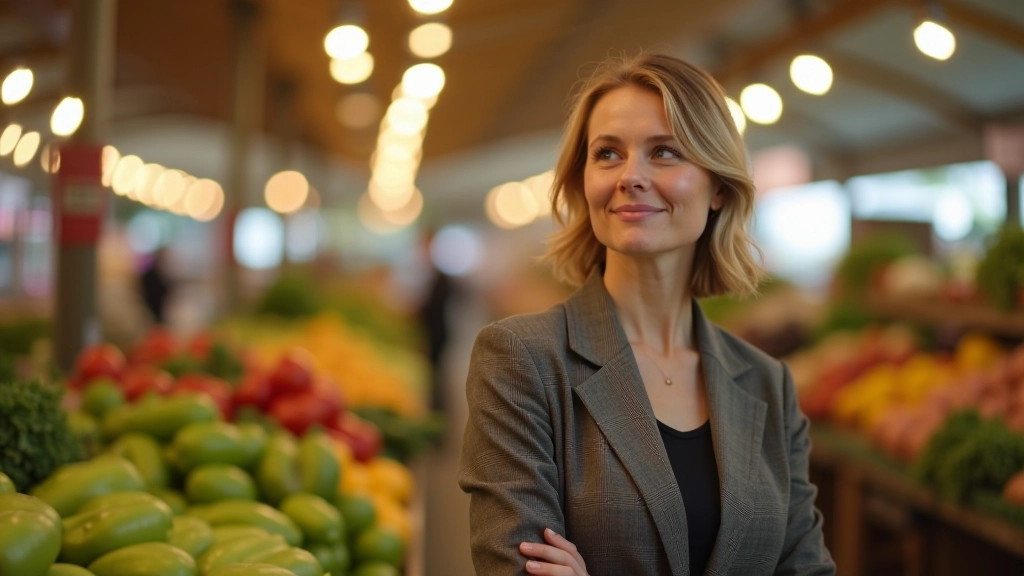 Person beim Einkaufen auf Wochenmarkt mit frischen Gemüseprodukten und Einkaufskorb