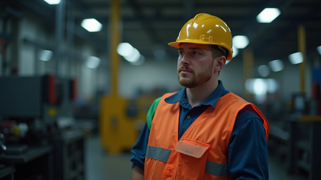 Arbeiter in Fabrik überprüft Produktionsanlagen mit modernen Werkzeugen